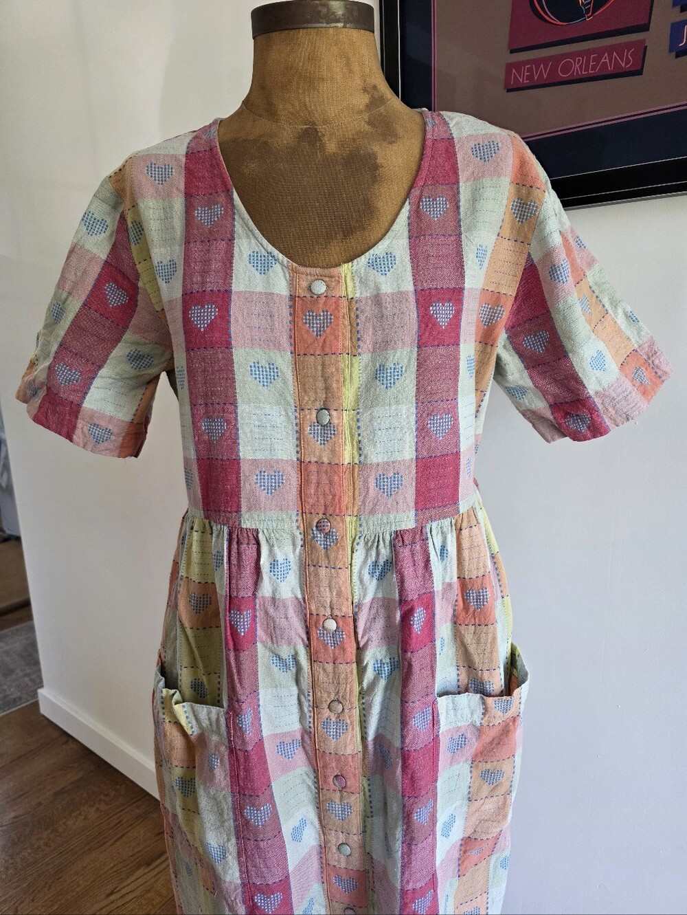 Vintage 90s Cottagecore Heart Print  Button Front Midi Dress Size M